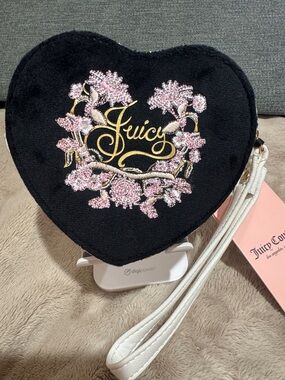 Juicy Couture Black Heart Wristlet with Pink Floral Embroidery and Gold Logo